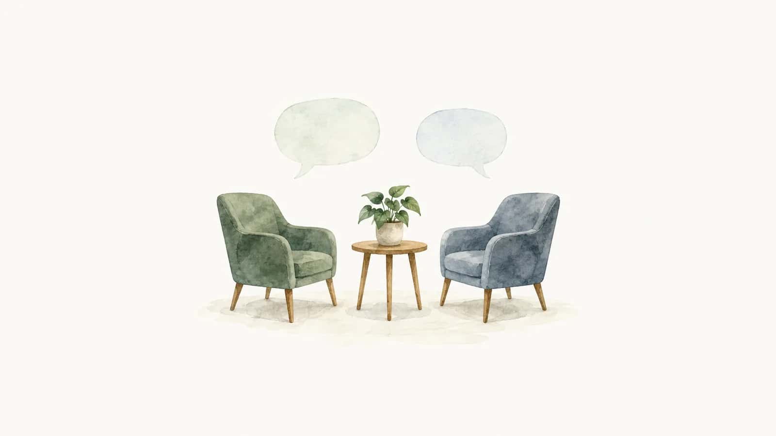 Watercolor illustration of two facing chairs and empty speech bubbles