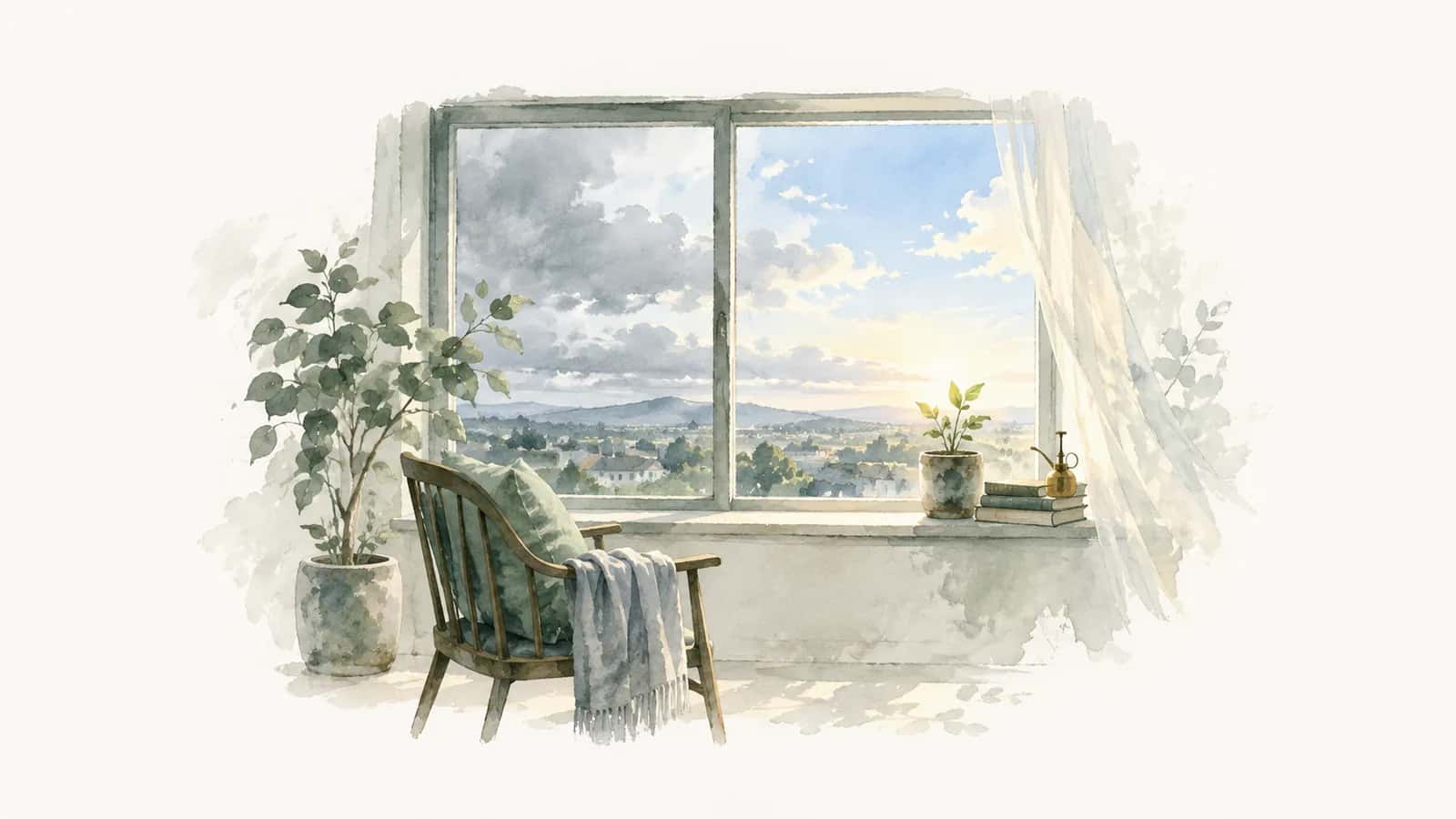 Watercolor illustration of a chair by a window, a sky clearing, and a new shoot
