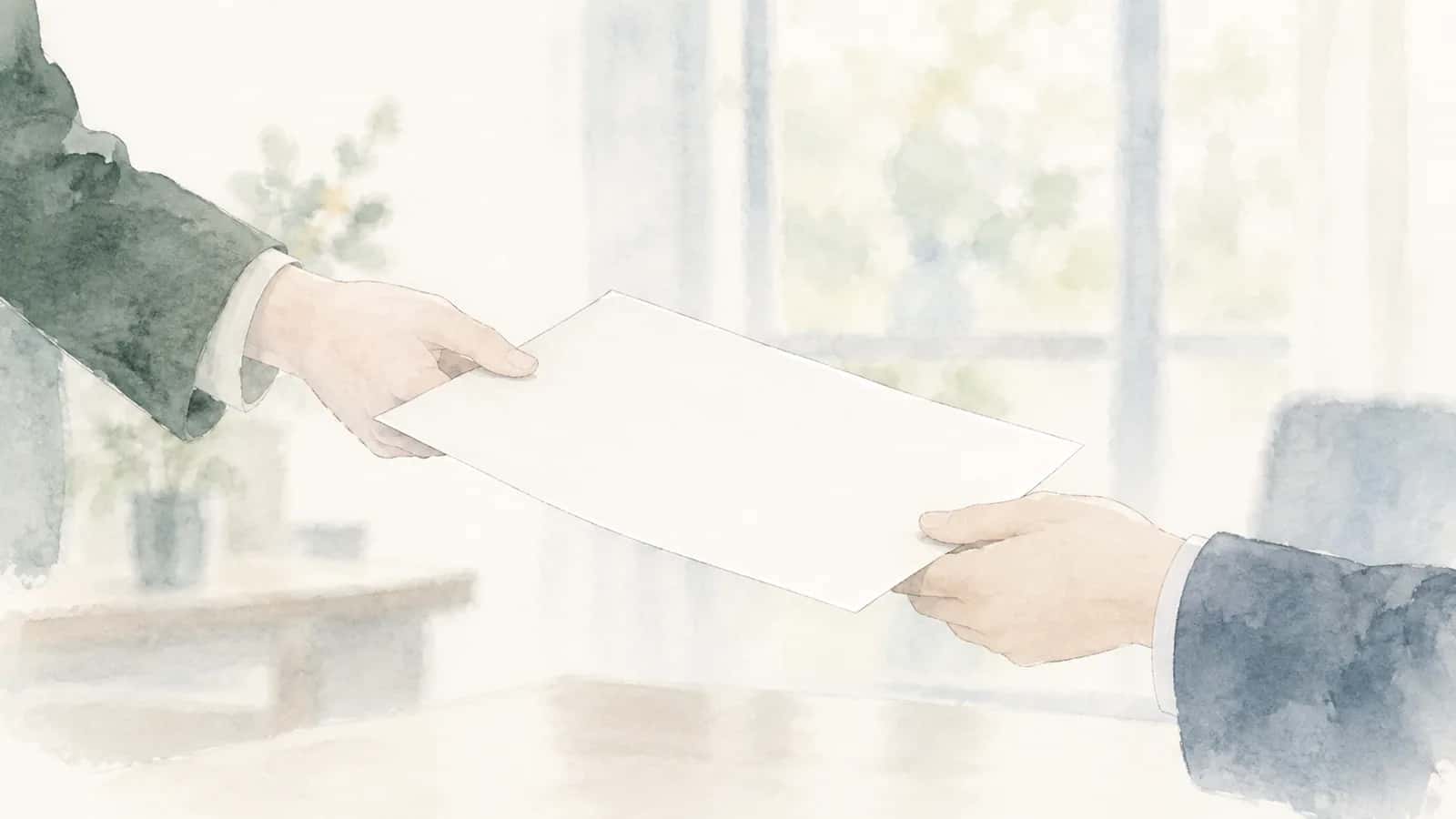 Watercolor illustration of a statement of working conditions being handed over