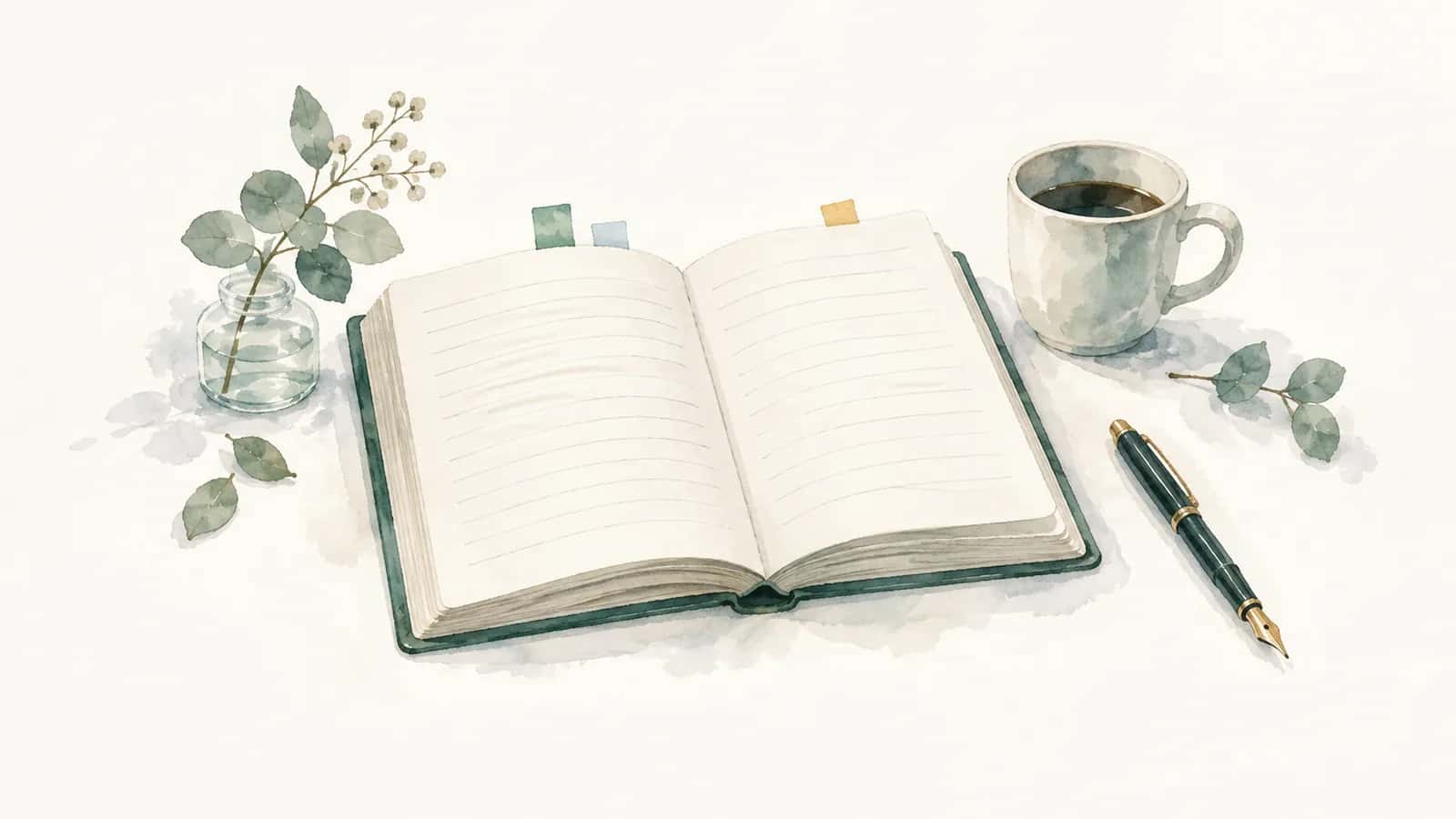 付箋のはさまった就業規則の冊子を開いた机上の水彩イラスト