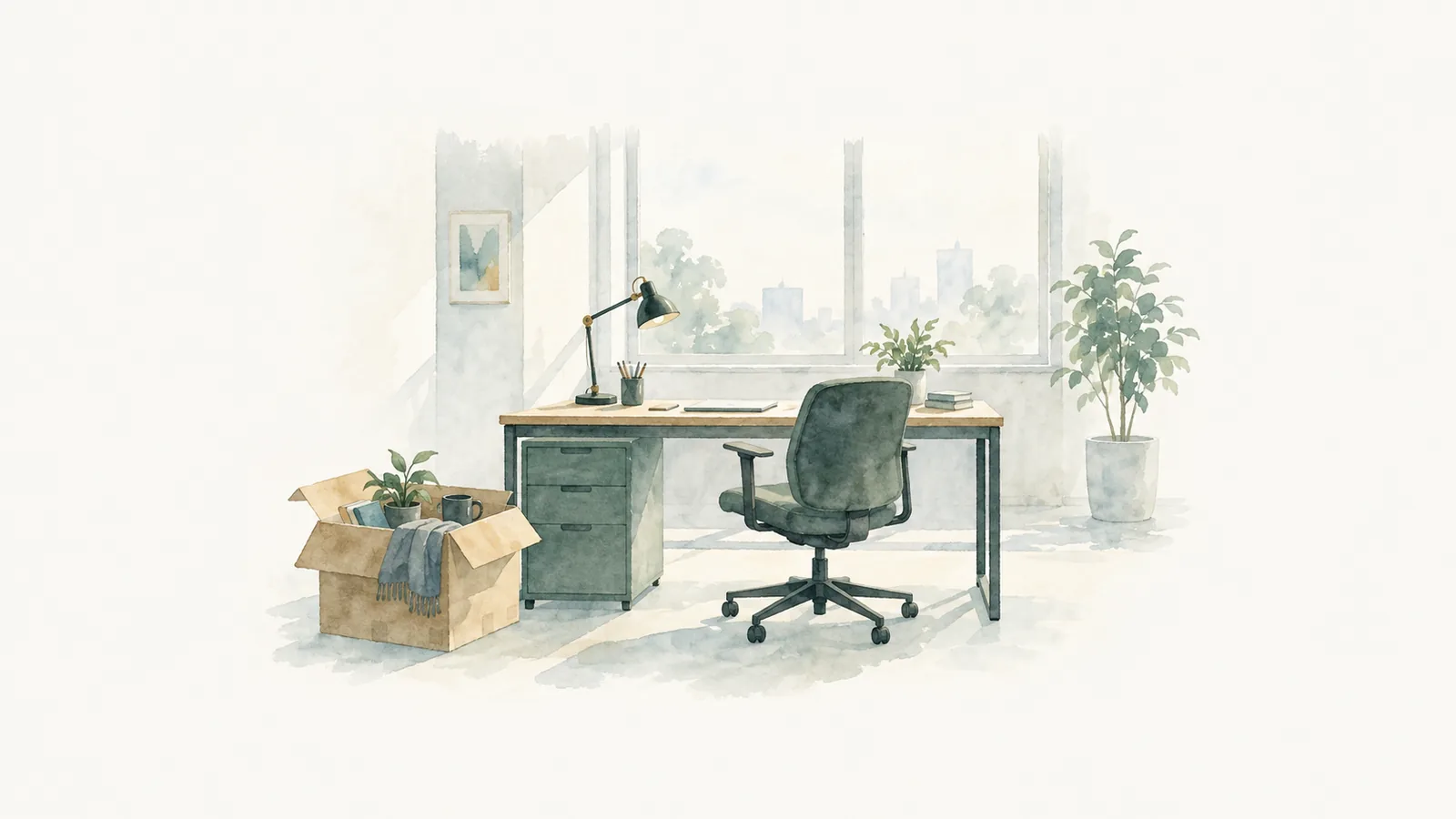 Watercolor illustration of a cleared desk, an empty chair and a box of belongings