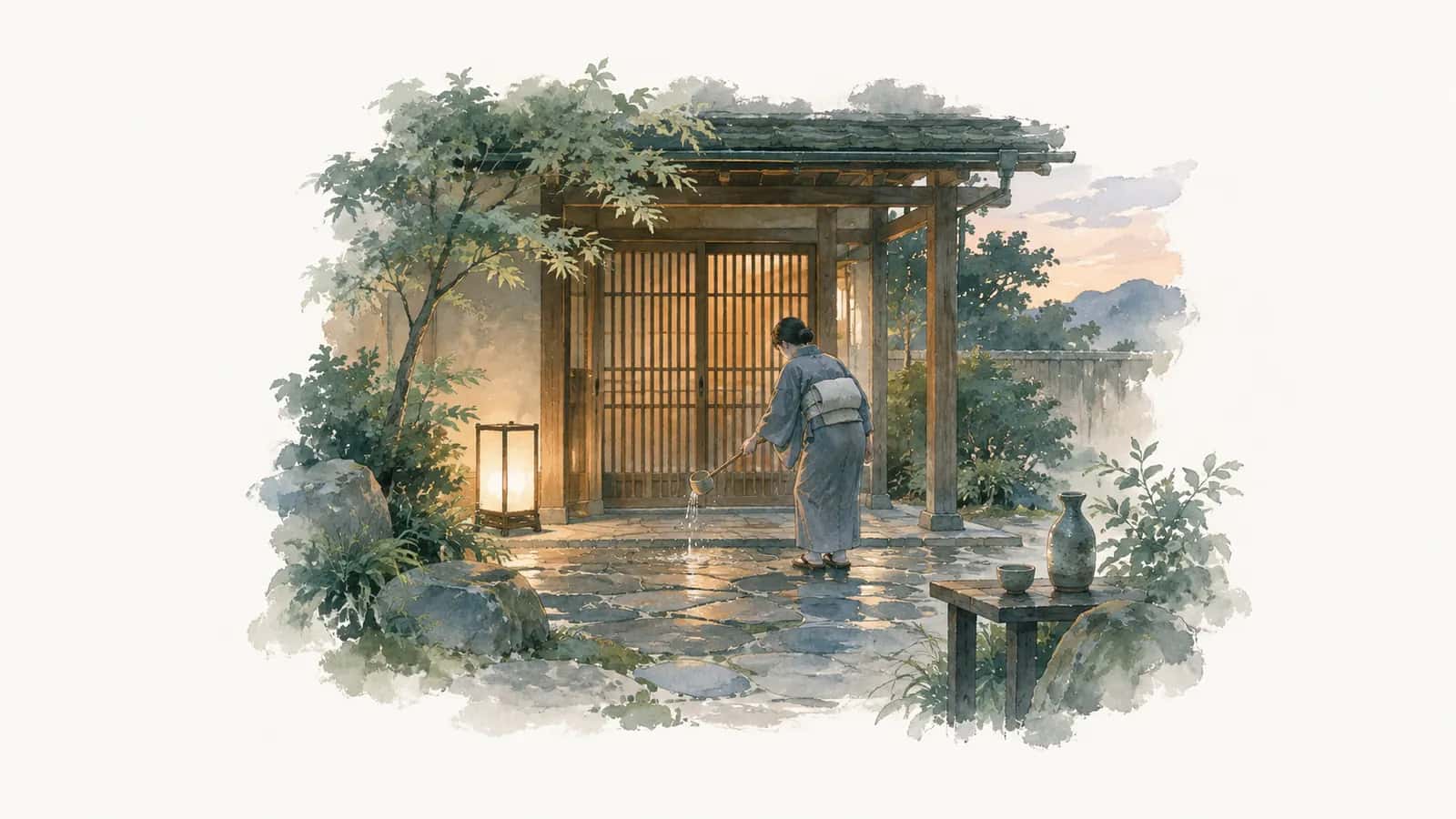 Watercolor illustration of a Japanese inn entrance with a lit lantern and sake flask