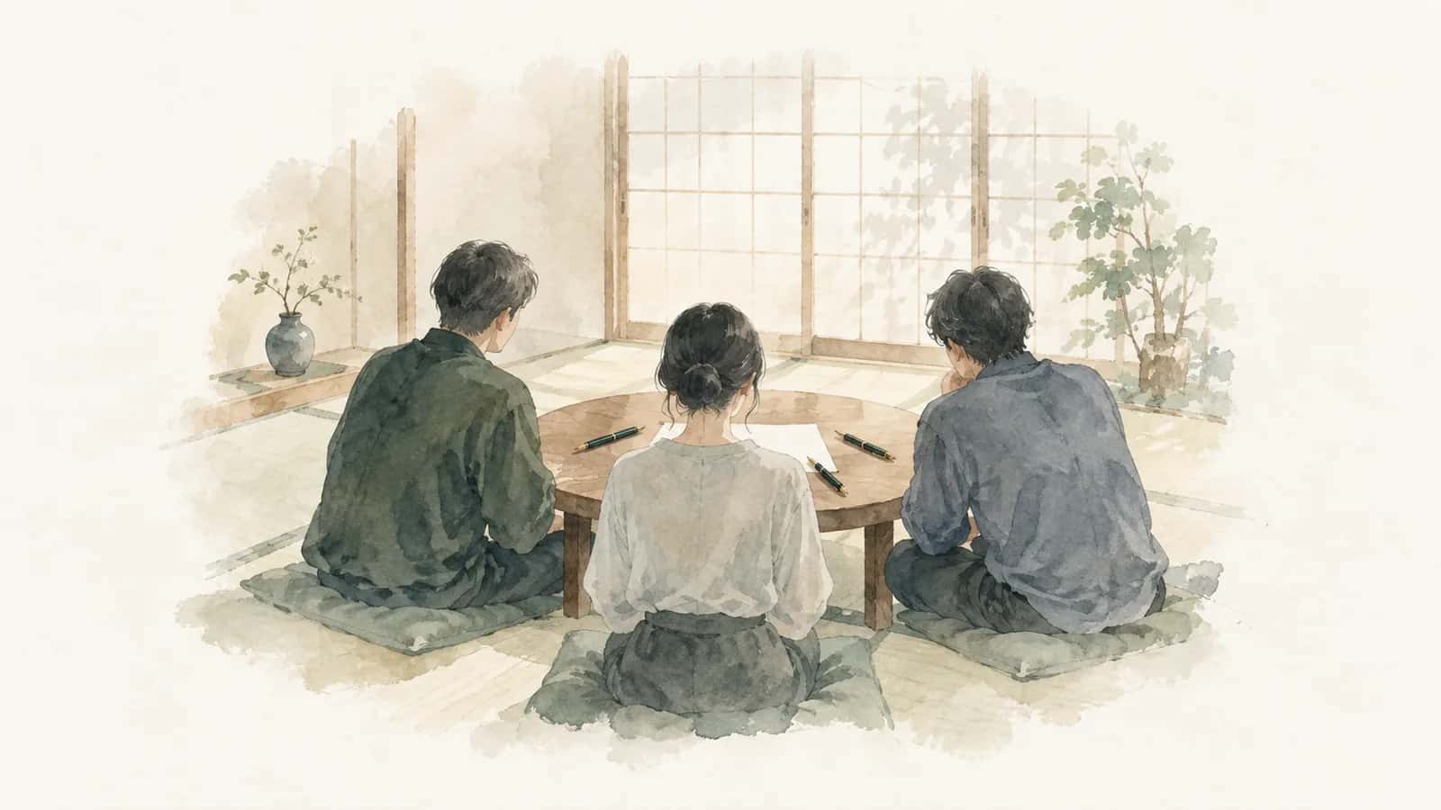 三人圍坐矮桌面對一份文件的背影水彩插畫