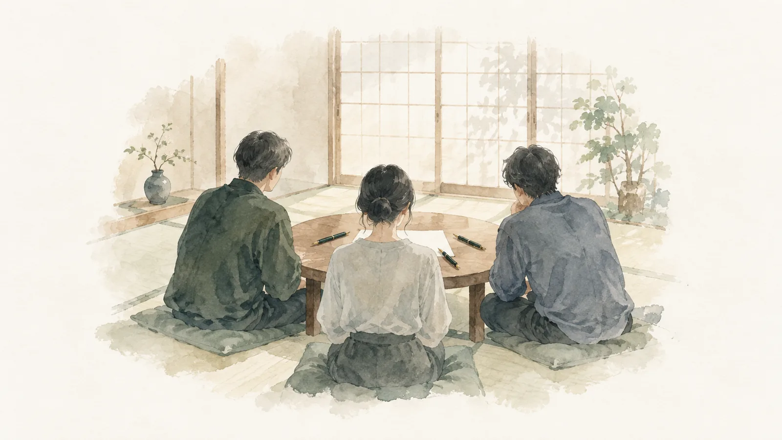 Watercolor illustration of three people around a low table facing a single document
