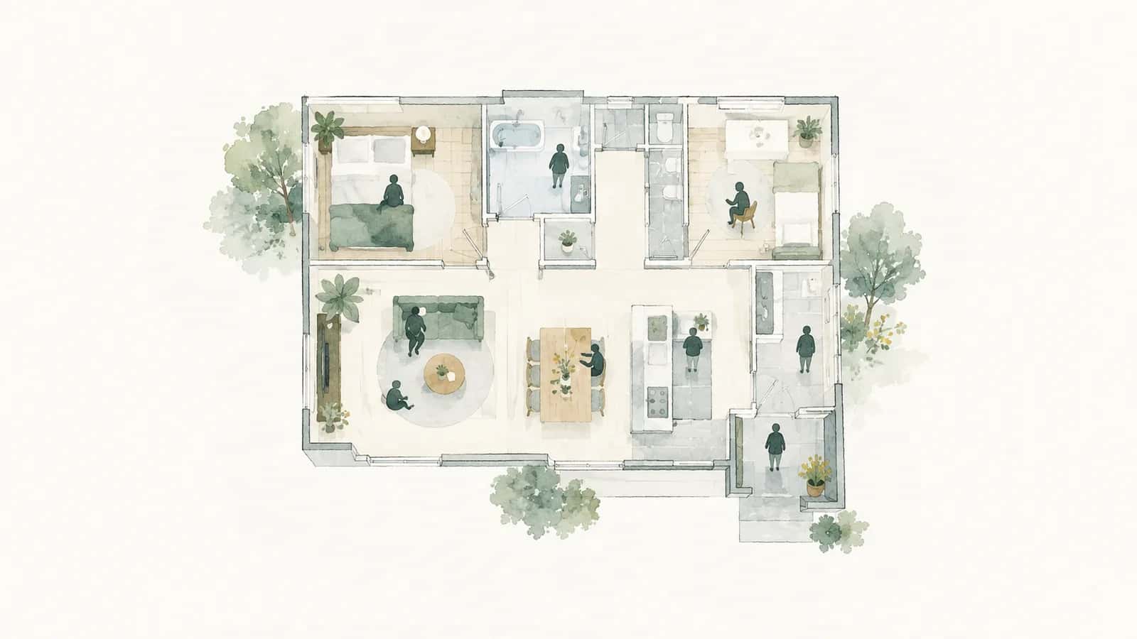 間取り図の各部屋に人型が配置された人員基準の水彩イラスト