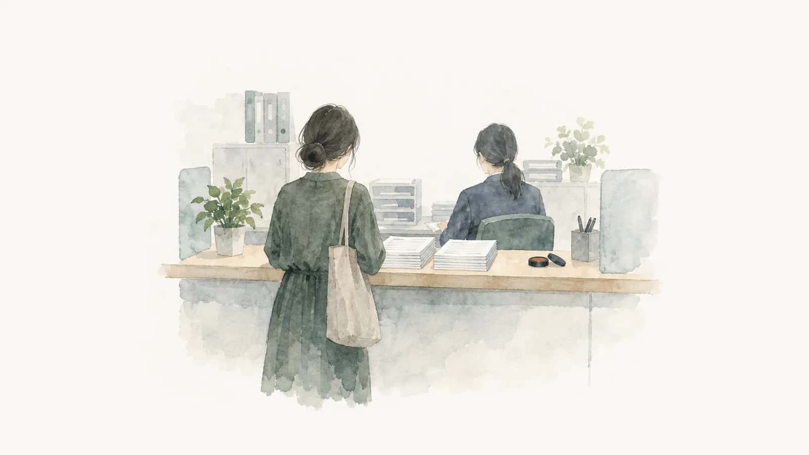 窓口カウンターに置かれた申請書の束を描いた水彩イラスト