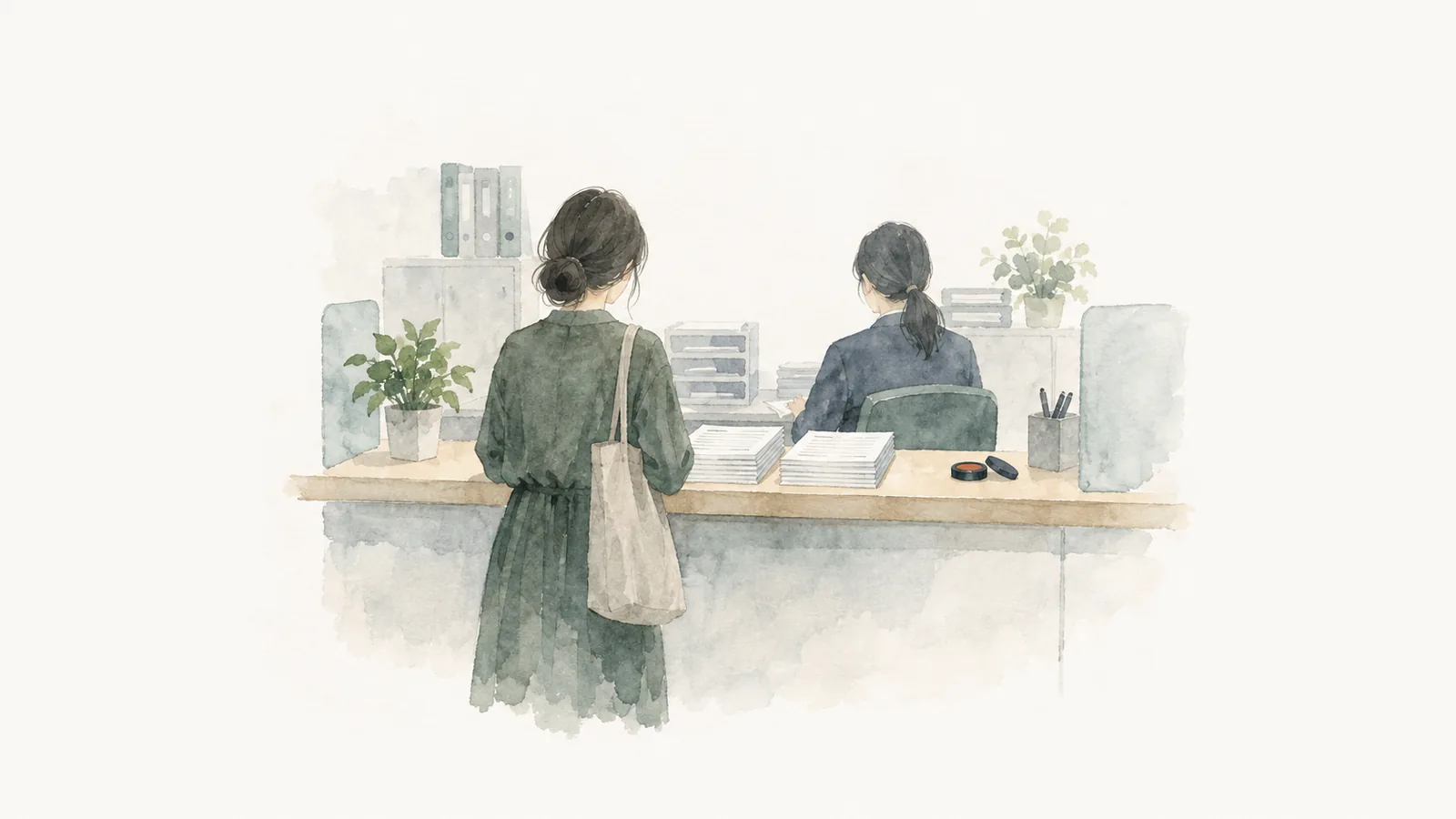 柜台上成叠申请书的水彩插画