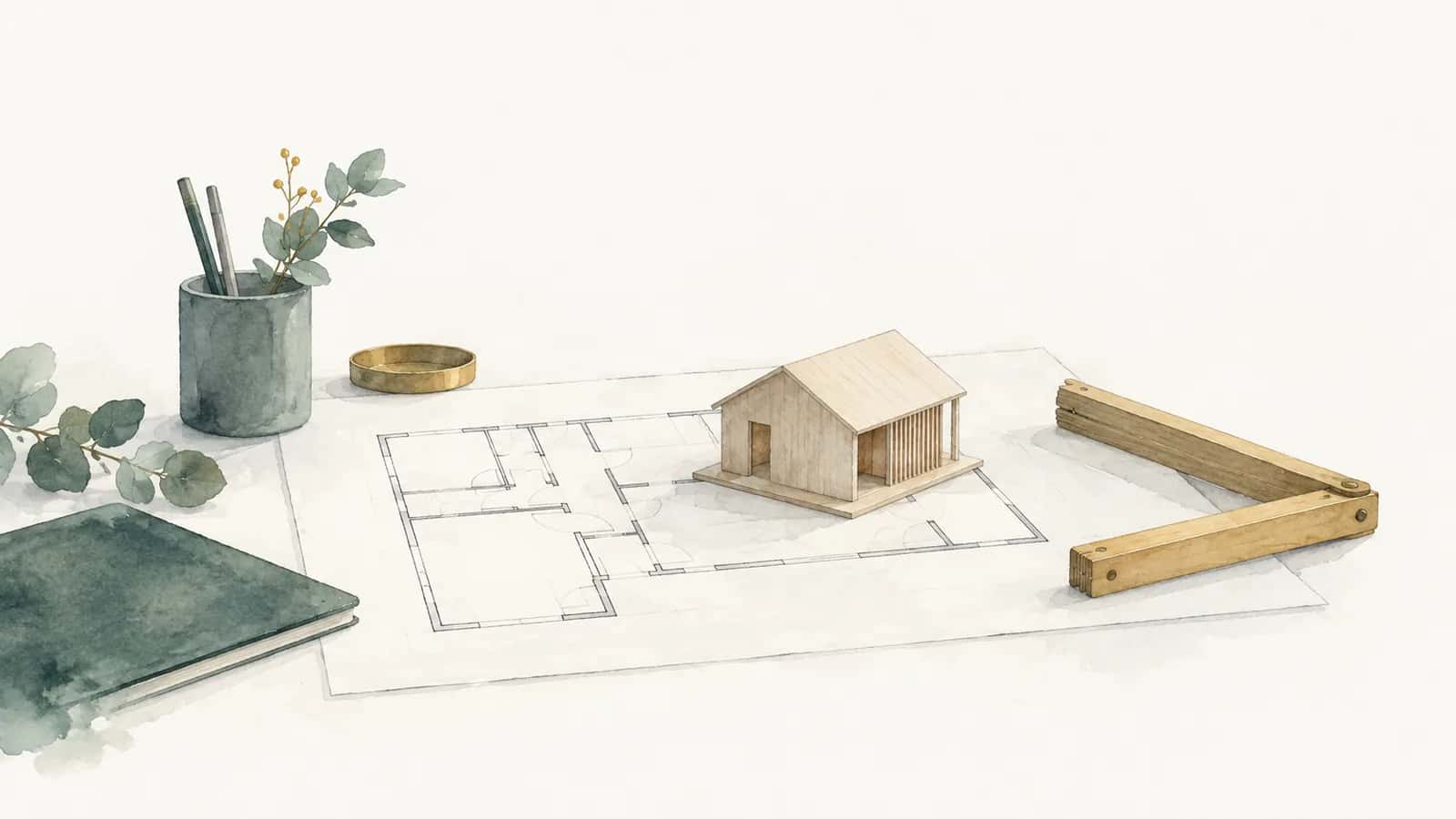 Watercolor illustration of a small building model set on a floor plan