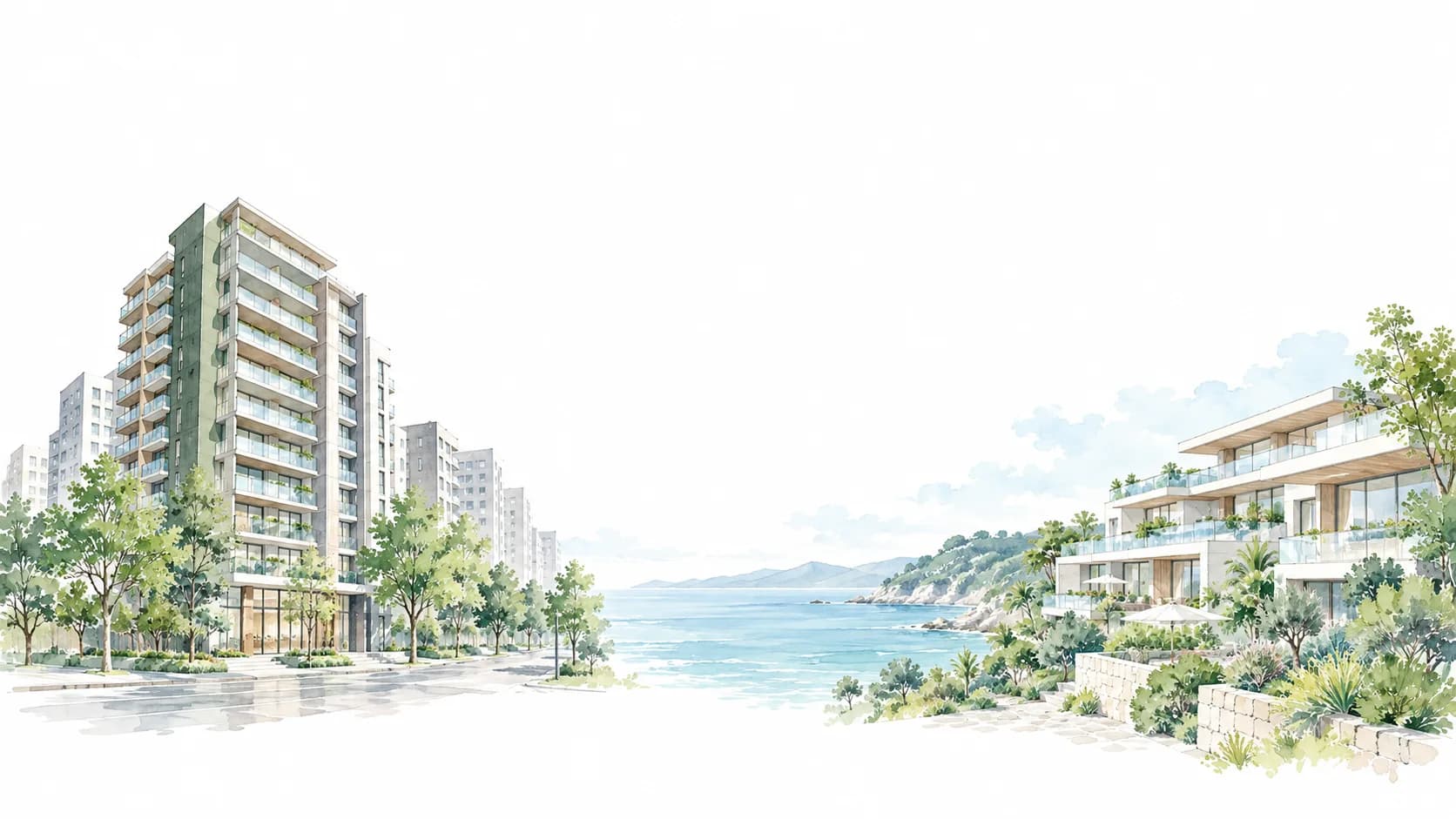 都市型マンションと、海や緑に囲まれたリゾートのイメージイラスト