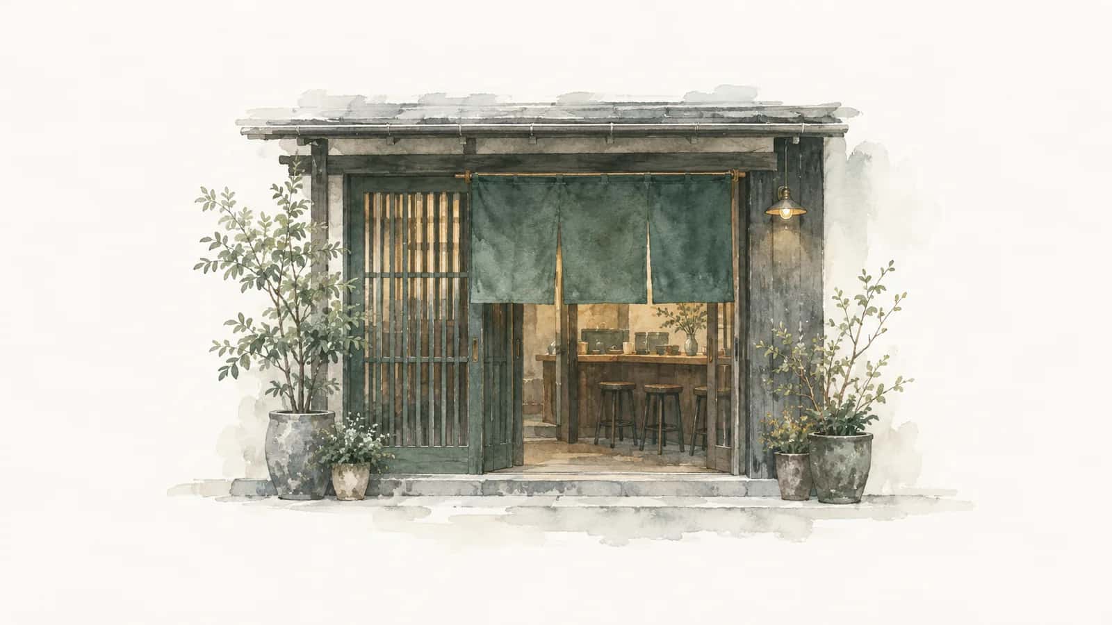 挂着素色门帘的小餐馆店面水彩插画