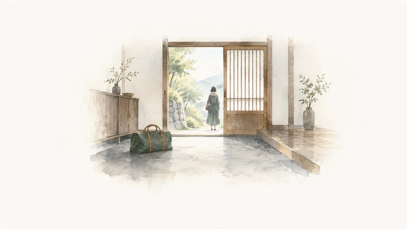 片付いた玄関に置かれた旅行鞄と戸口に立つ後ろ姿の水彩イラスト