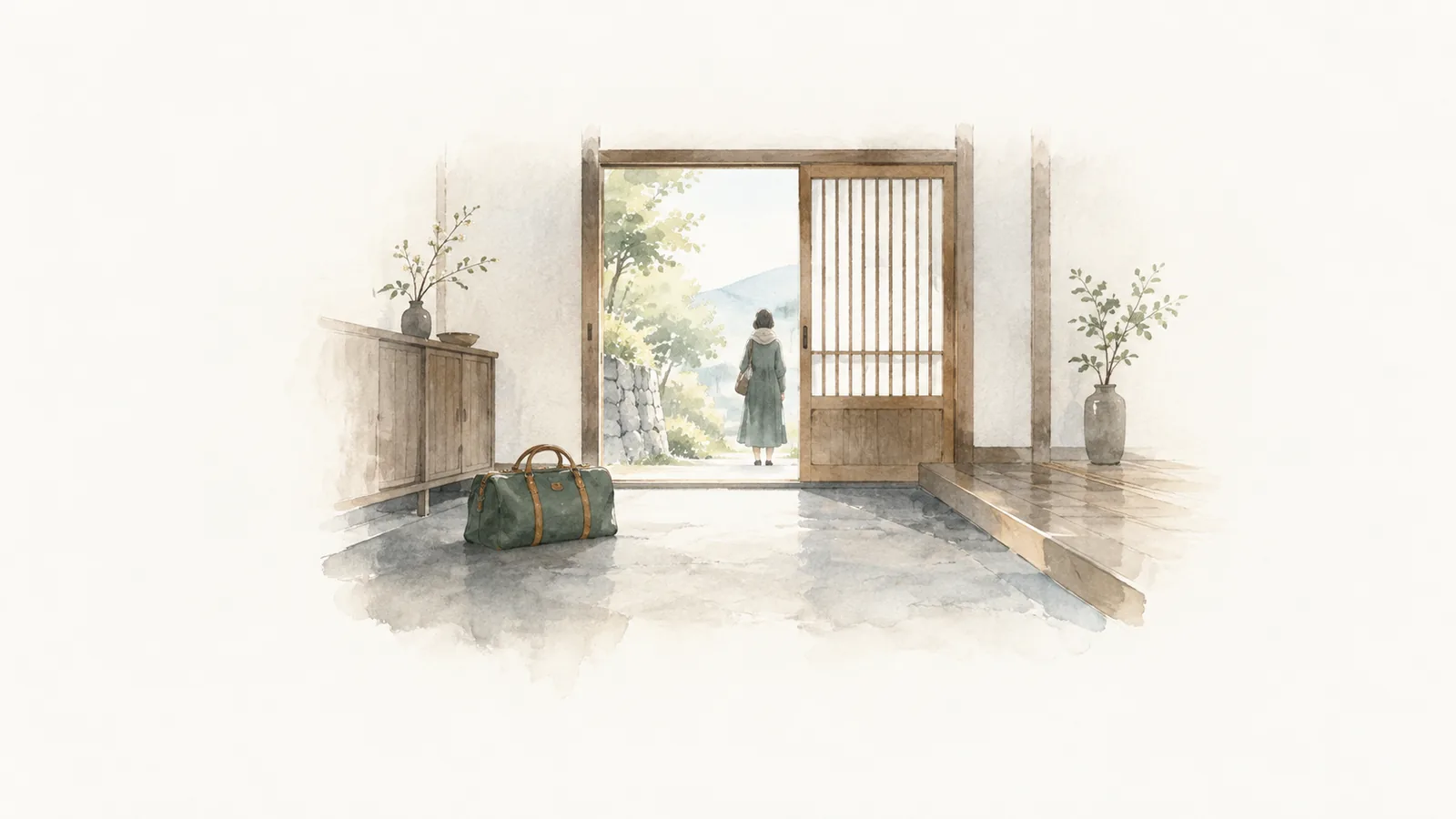片付いた玄関に置かれた旅行鞄と戸口に立つ後ろ姿の水彩イラスト