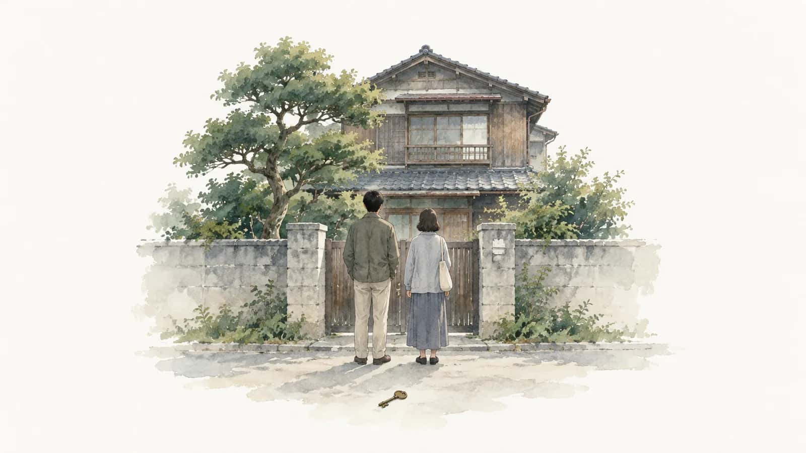 相続した実家を前に立つ二人の後ろ姿を描いた水彩イラスト