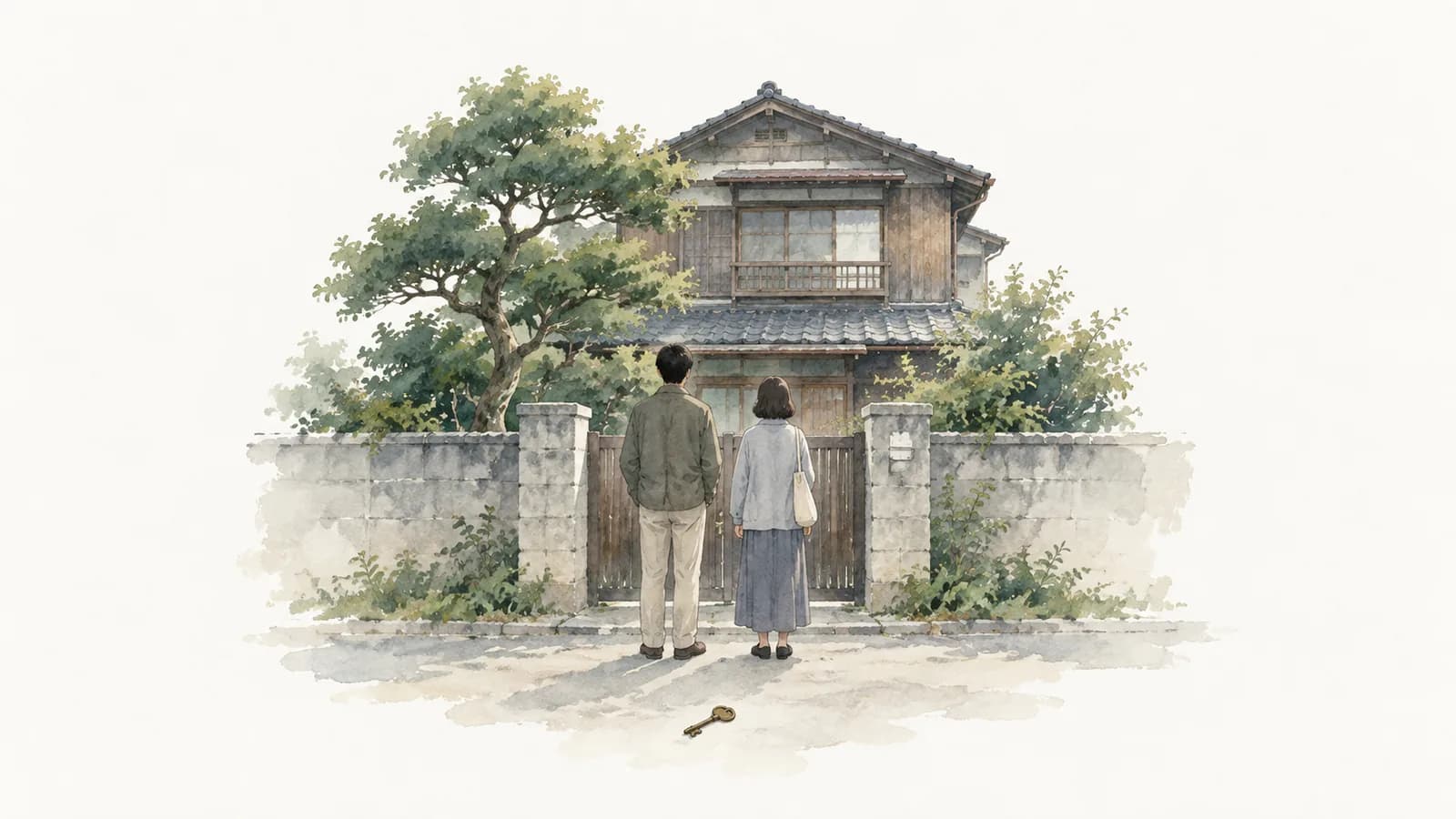 相続した実家を前に立つ二人の後ろ姿を描いた水彩イラスト