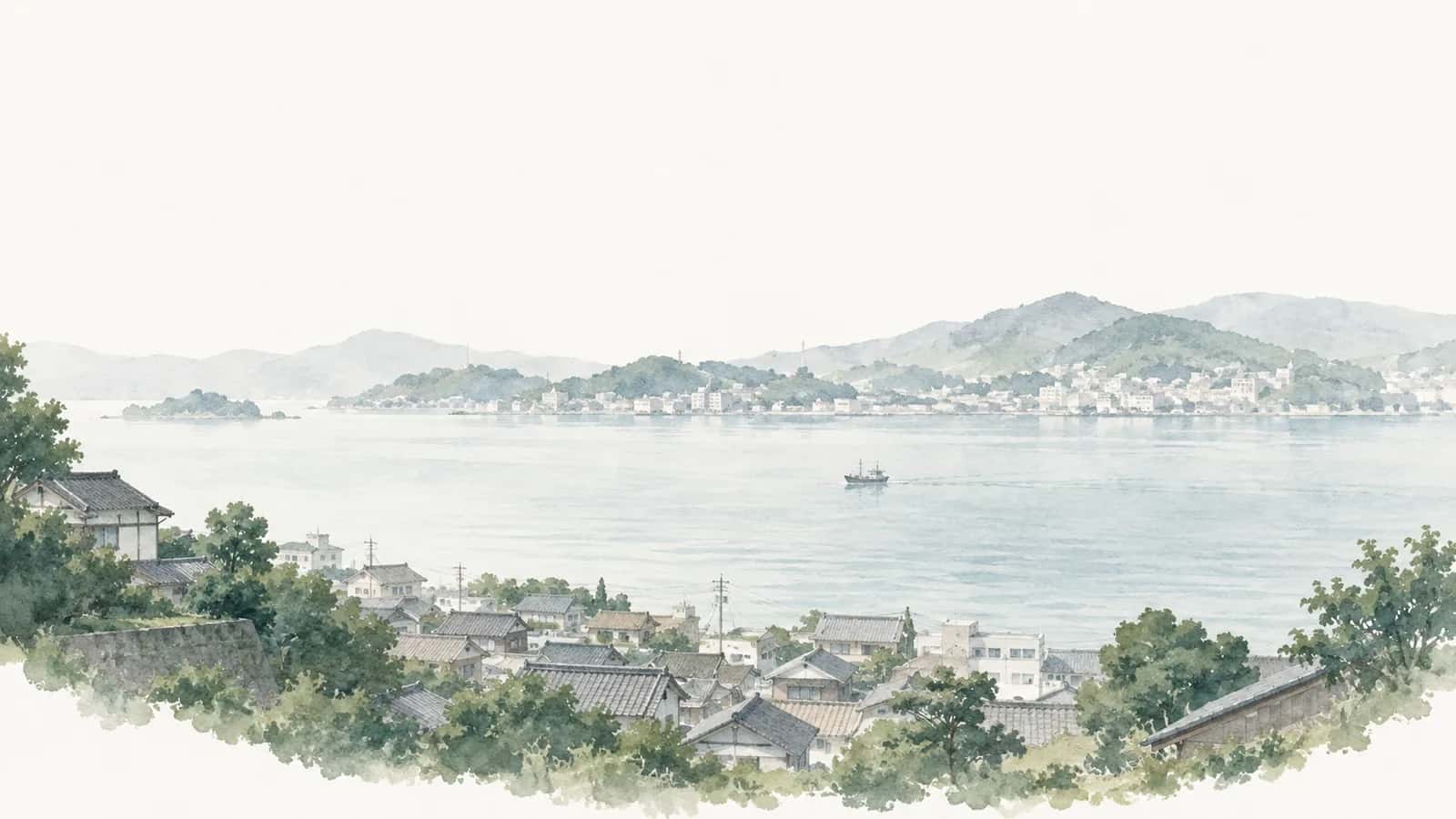 海を挟んで向かい合う二つの街並みを描いた水彩イラスト
